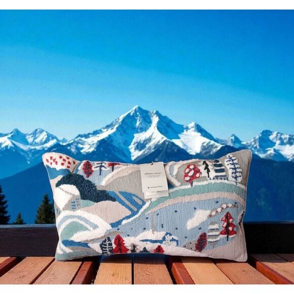 West Elm Pillow Winter Snow Scene Beaded Embellished Button Closure 20" x 11" - Picture 1 of 9